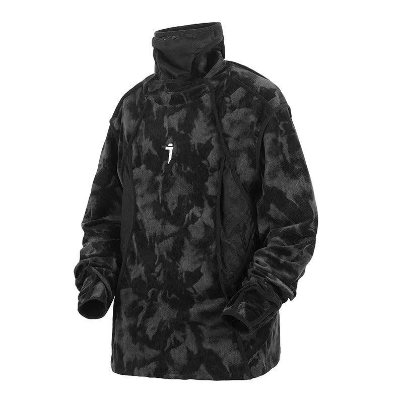 Men's black tie dye printed turtleneck sweater with drop shoulder sleeves and loose casual fit