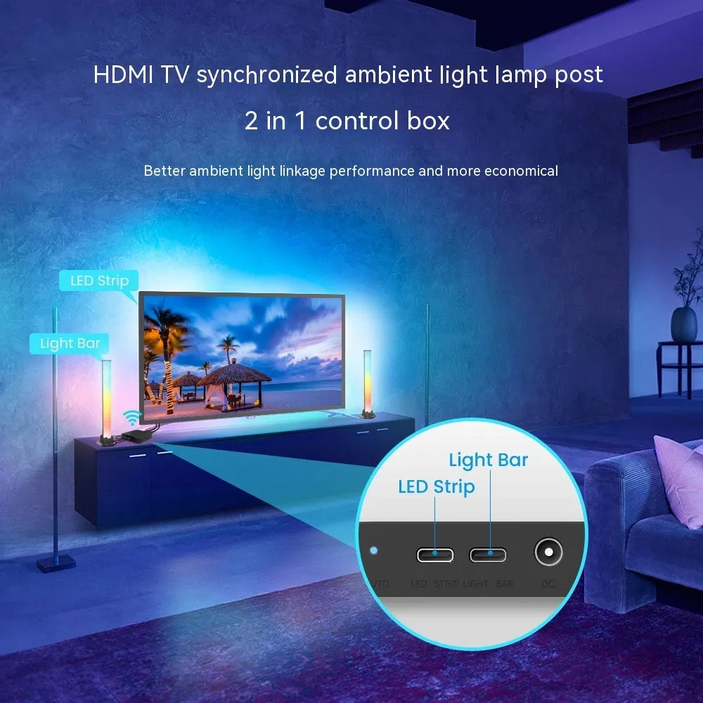 Smart LED light strip with graffiti pattern for TV backlighting, showing smartphone app control interface.