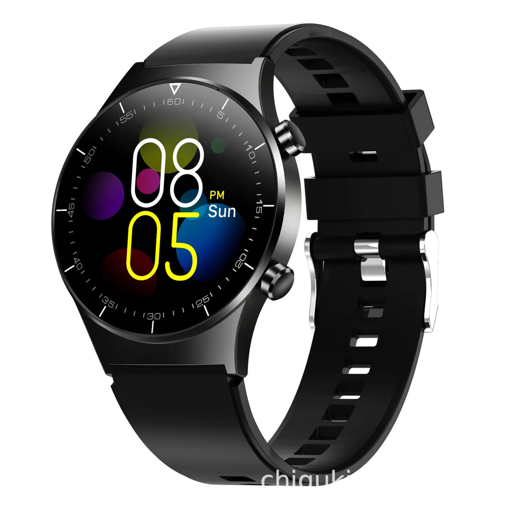 Black sports smartwatch with 1.28-inch glass touchscreen display on TPU wrist strap