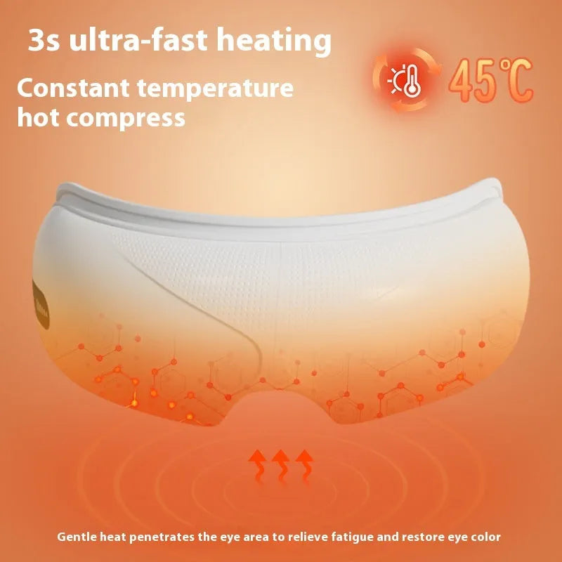White household eye massager with hot compress and airbag massage functions showing 140mm dimensions