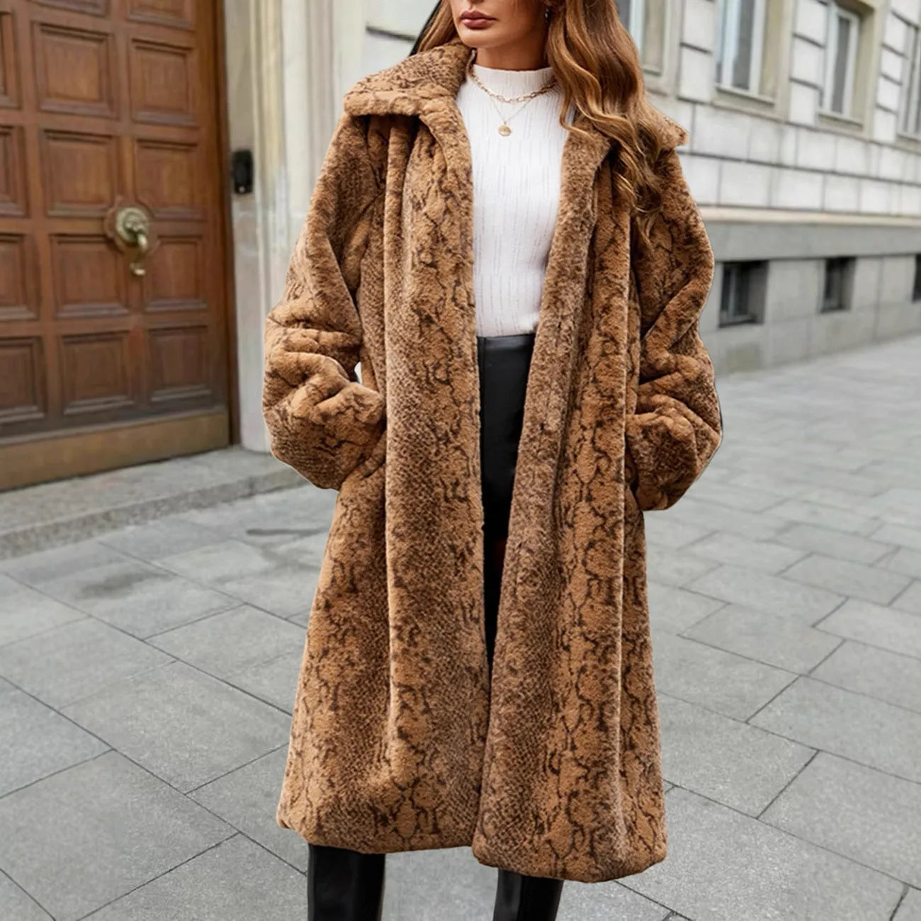 Women's brown leopard print faux fur over-the-knee coat with regular sleeves