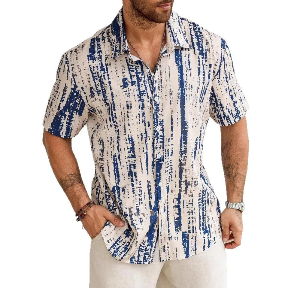 Man wearing a blue striped short sleeve casual polyester shirt.