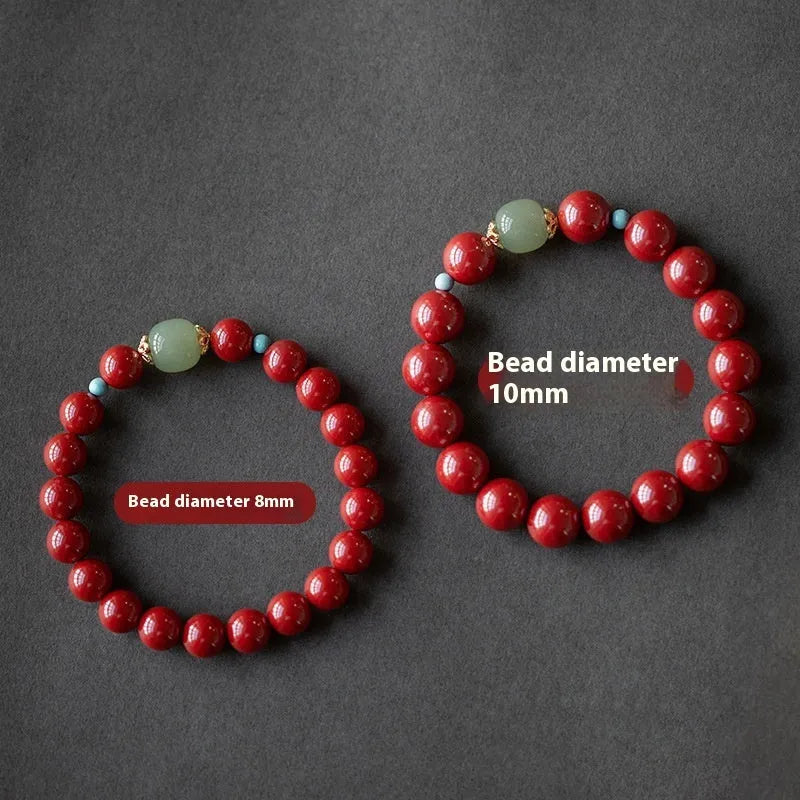 Purple gold sand cinnabar and Hetian jade bead bracelet in geometric ellipse shape.