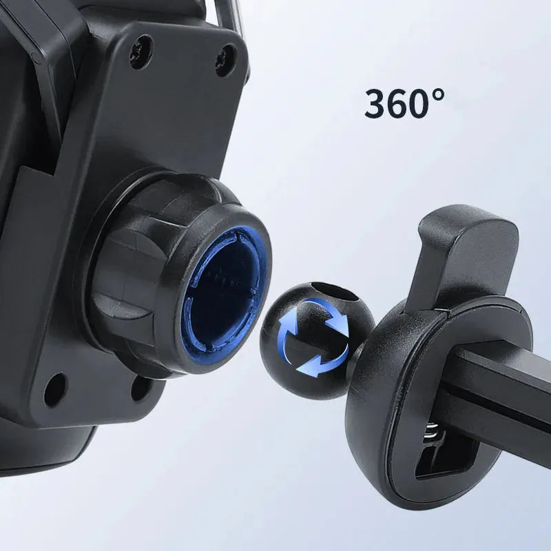 Gold coloured car air vent mobile phone holder with 360-degree rotating head mounted on a car dashboard vent.