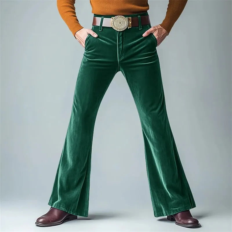 Men's gold velvet slim flared suit trousers in black, dark red, green, blue, khaki, brown or yellow
