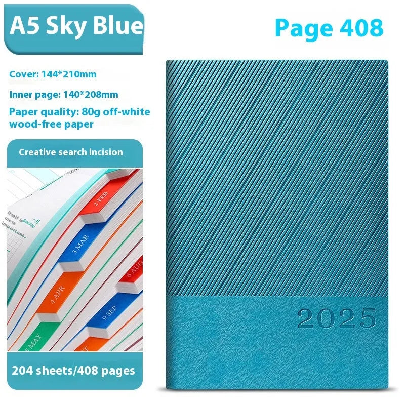 A5 business notepad with striped PU leather cover showing eight colour options open to reveal thick paper
