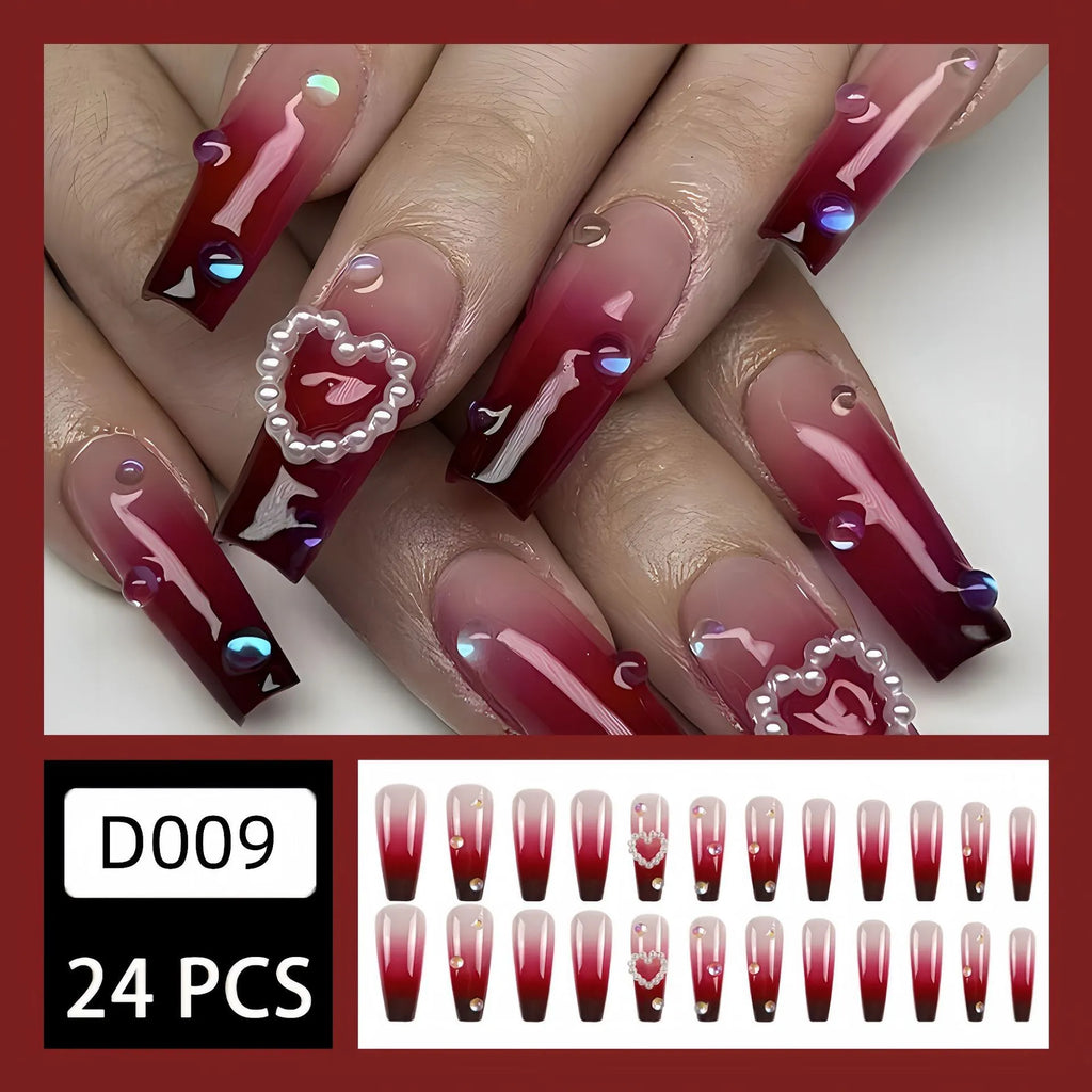 Wine red gradient fake nail tips with pearl heart plaid pattern in ballet style length