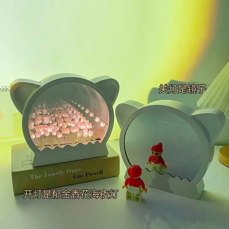 DIY cat-shaped night lamp kit with colourful tulip flowers for assembly and home decor