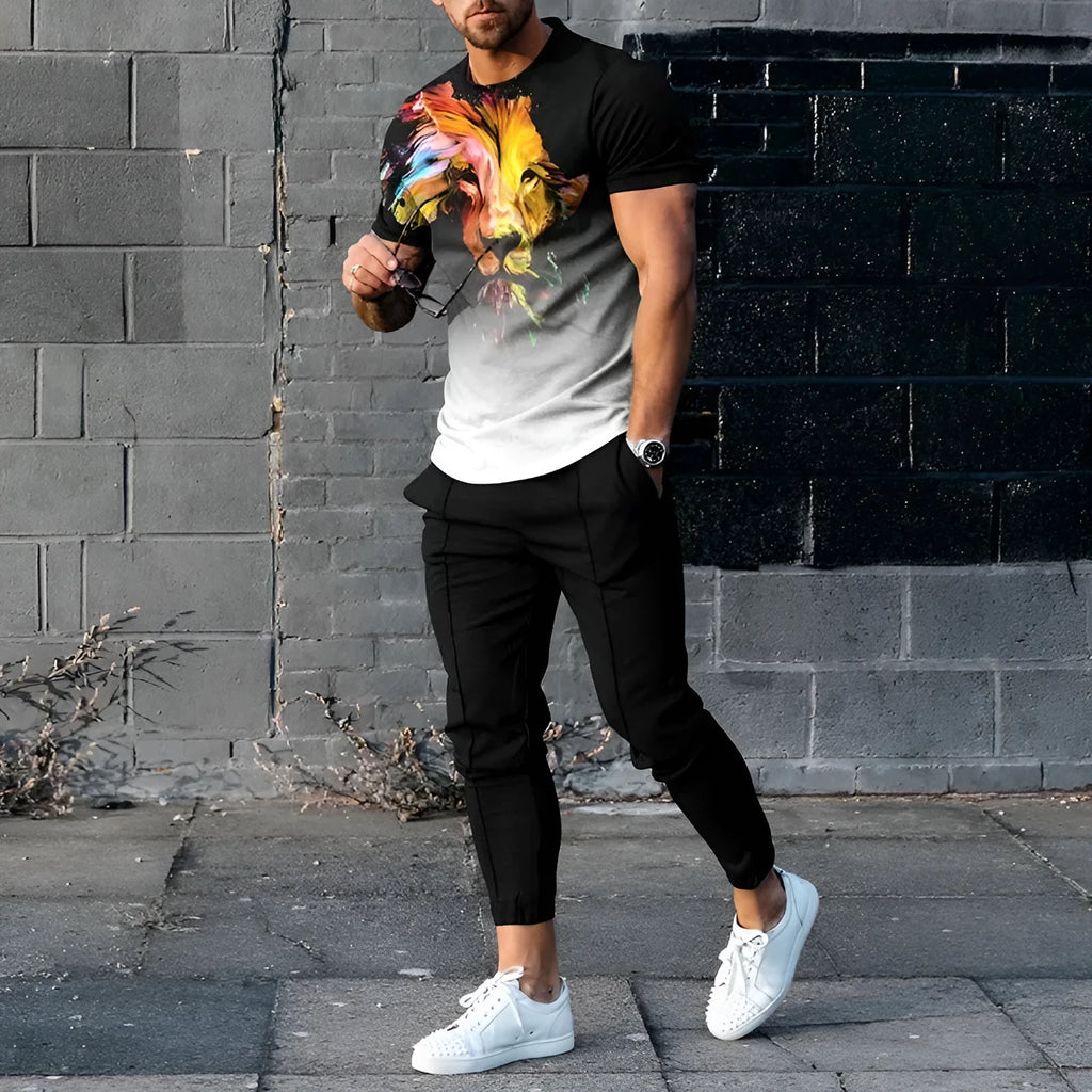 Men's thin short-sleeve printed pullover and matching trousers tracksuit set on a hanger.