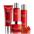 Red packaged pomegranate skincare set containing face wash, toner, lotion and facial cream bottles