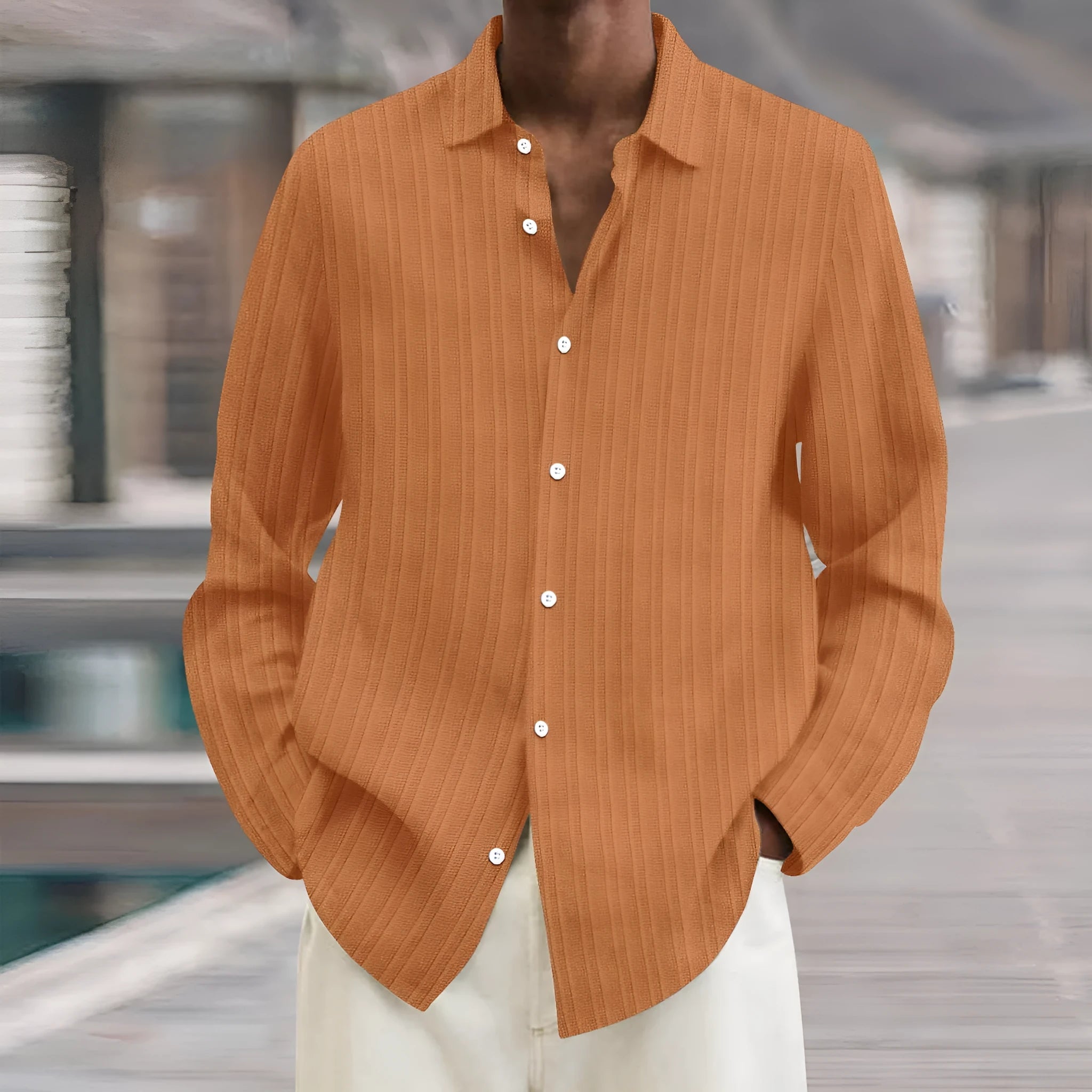 British style striped men's cardigan long sleeve shirt in flat mop cloth fabric