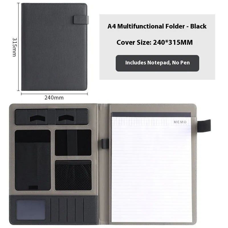 Black leather A4 business folder with optional pen and notepad, shown closed.