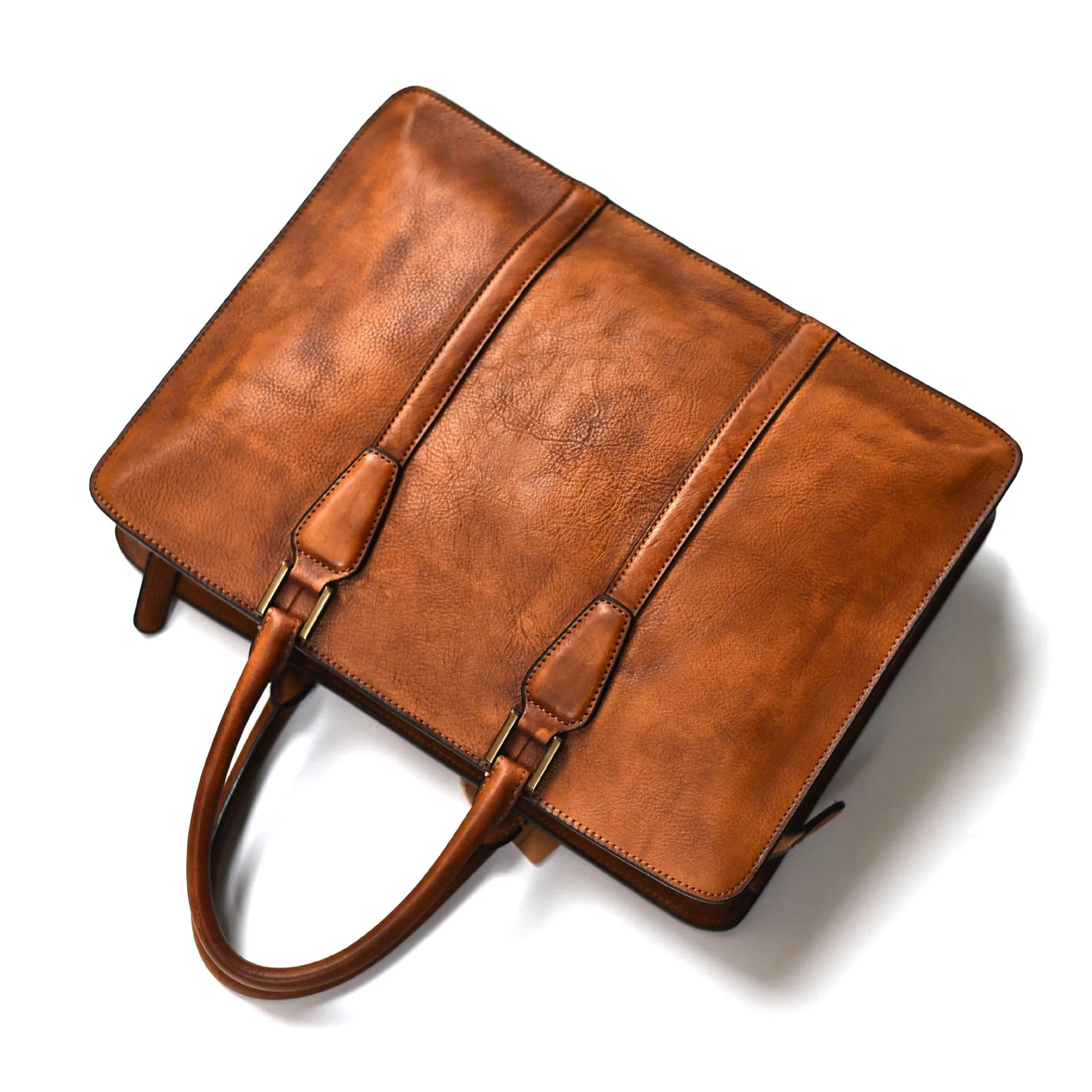 Men's 14-inch horizontal leather business handbag in khaki colour with zipper closure
