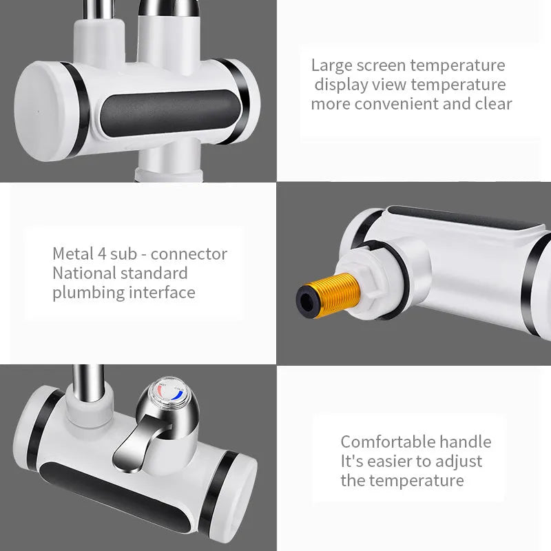 White electric instant water heater with digital display for kitchen sink installation.