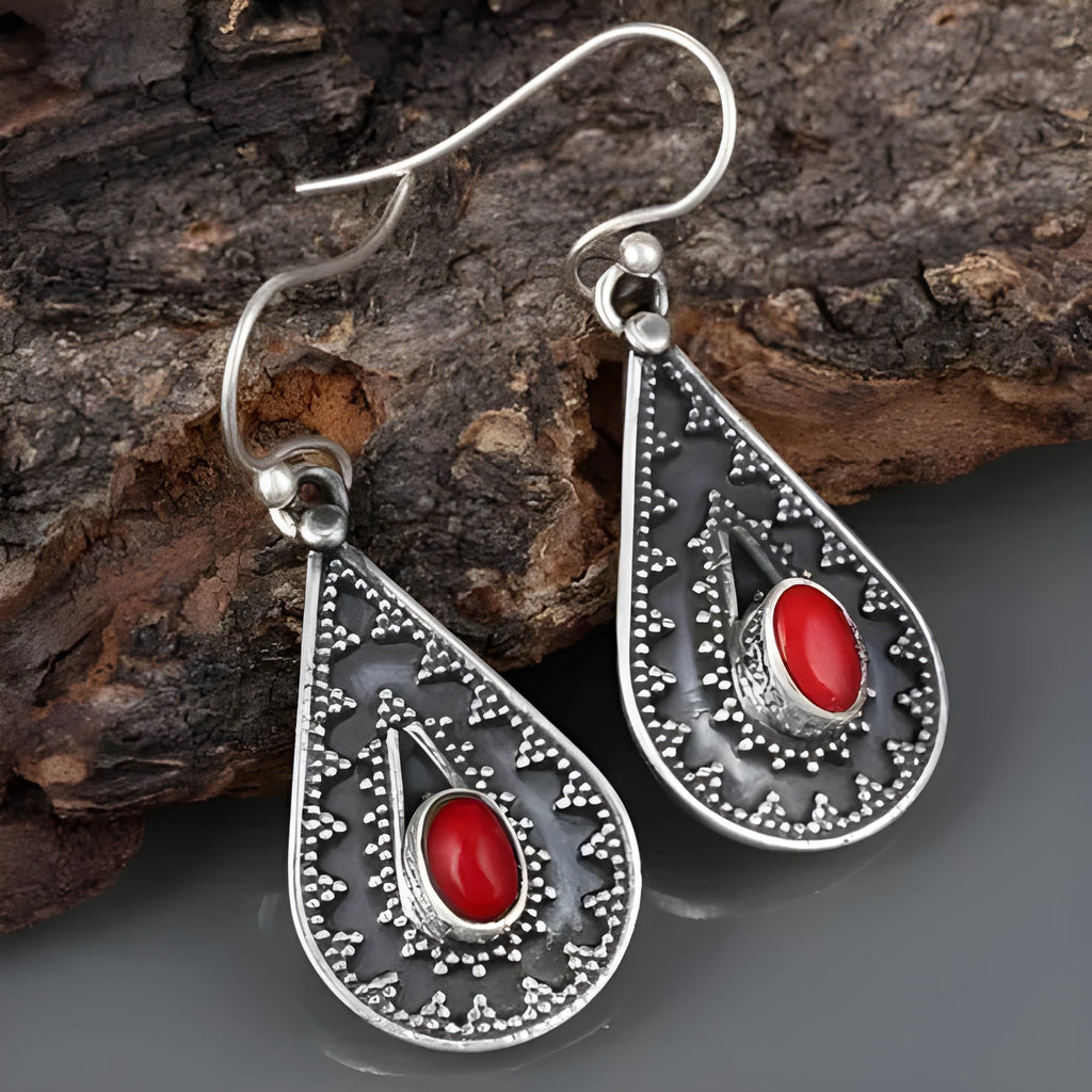 Silver drop earrings with red pine gemstone in water drop shape, vintage floral detailing