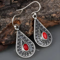 Silver drop earrings with red pine gemstone in water drop shape, vintage floral detailing