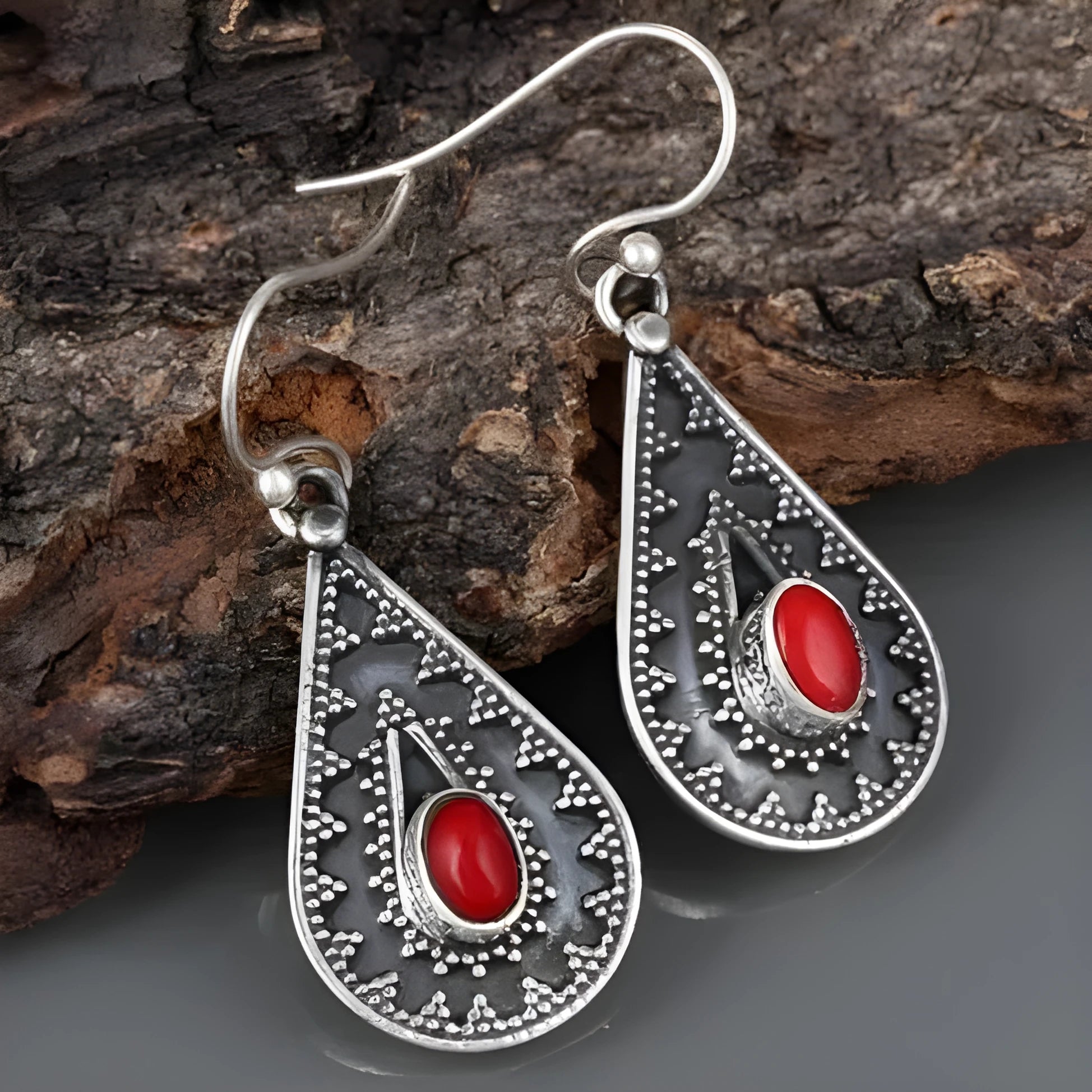 Silver drop earrings with red pine gemstone in water drop shape, vintage floral detailing
