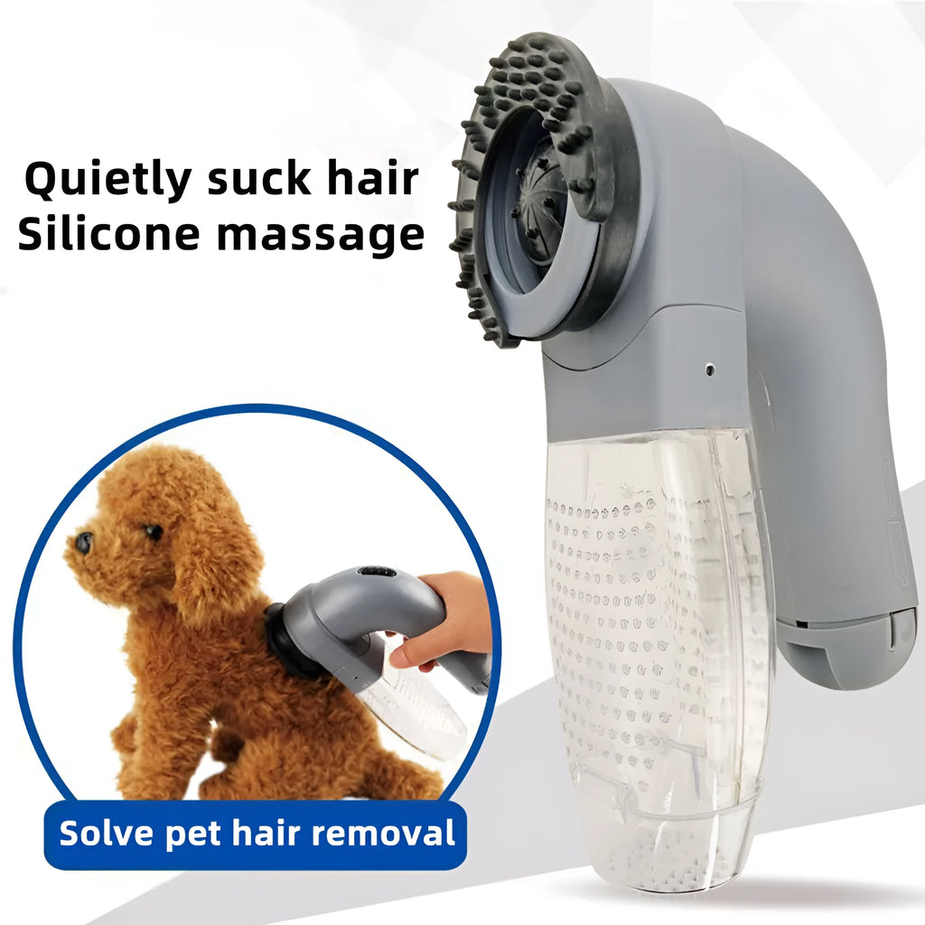 Grey portable electric pet hair removal vacuum with soft rubber grooming head.