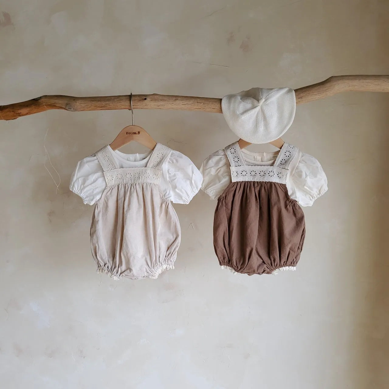 Girls cotton puff short sleeve top and lace strap romper two-piece set in apricot cotton fabric