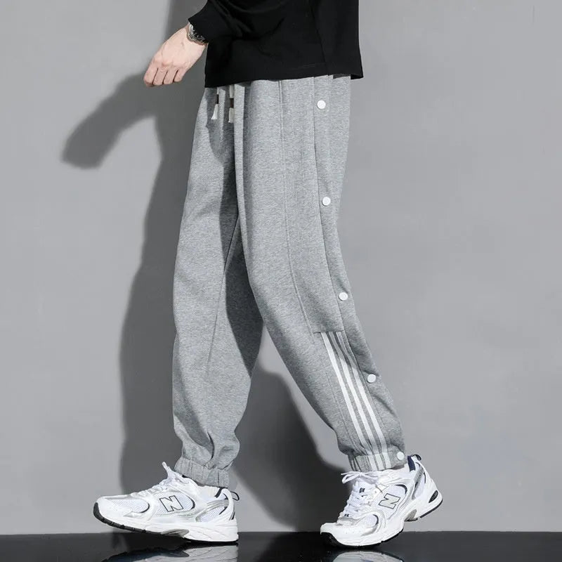 Men's loose fit cotton blend sweatpants with ankle ties and high waist elastic drawstring