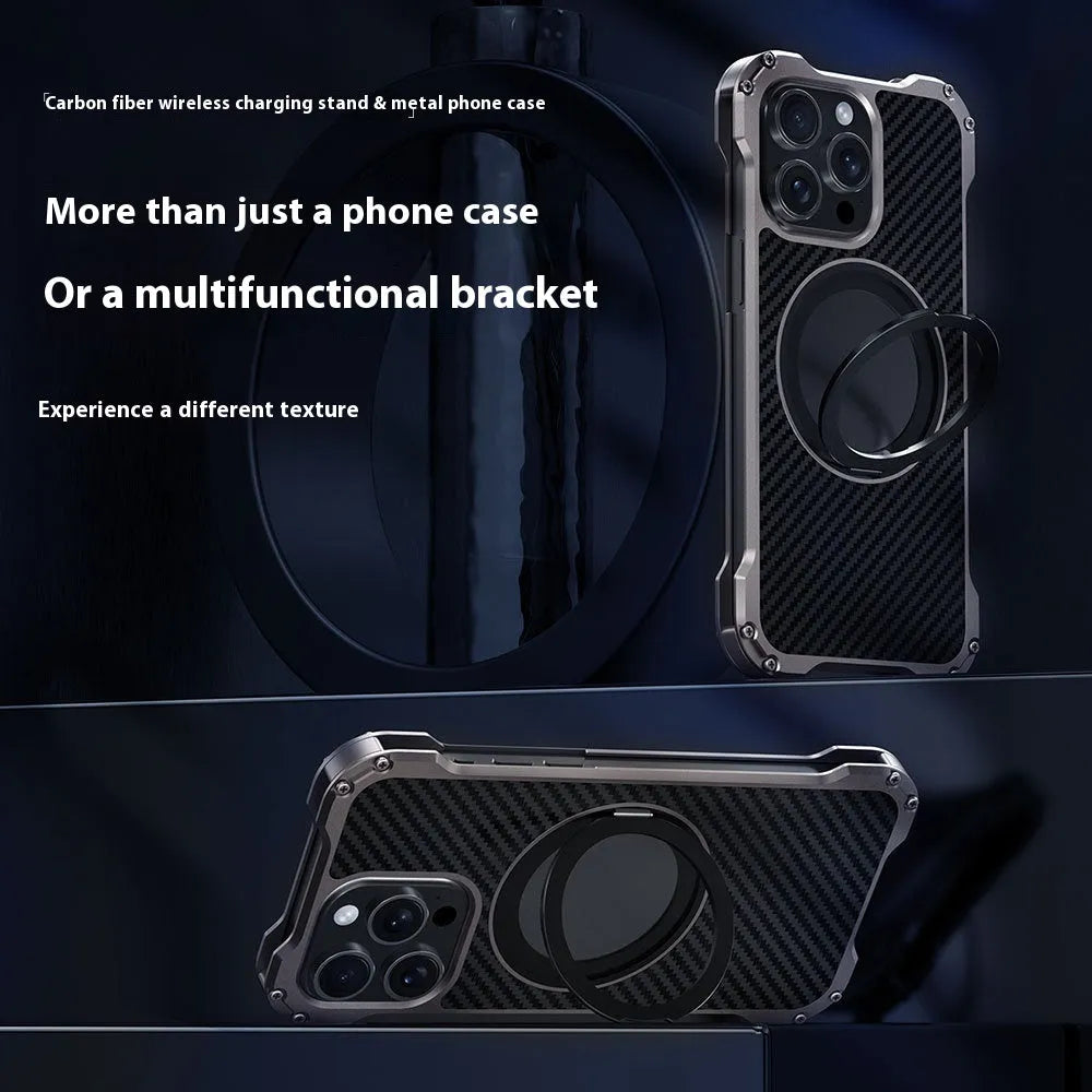 Dark gray metal carbon fibre rotating bracket phone case for Apple iPhone 15 Pro Max with anti-fall and anti-fingerprint properties