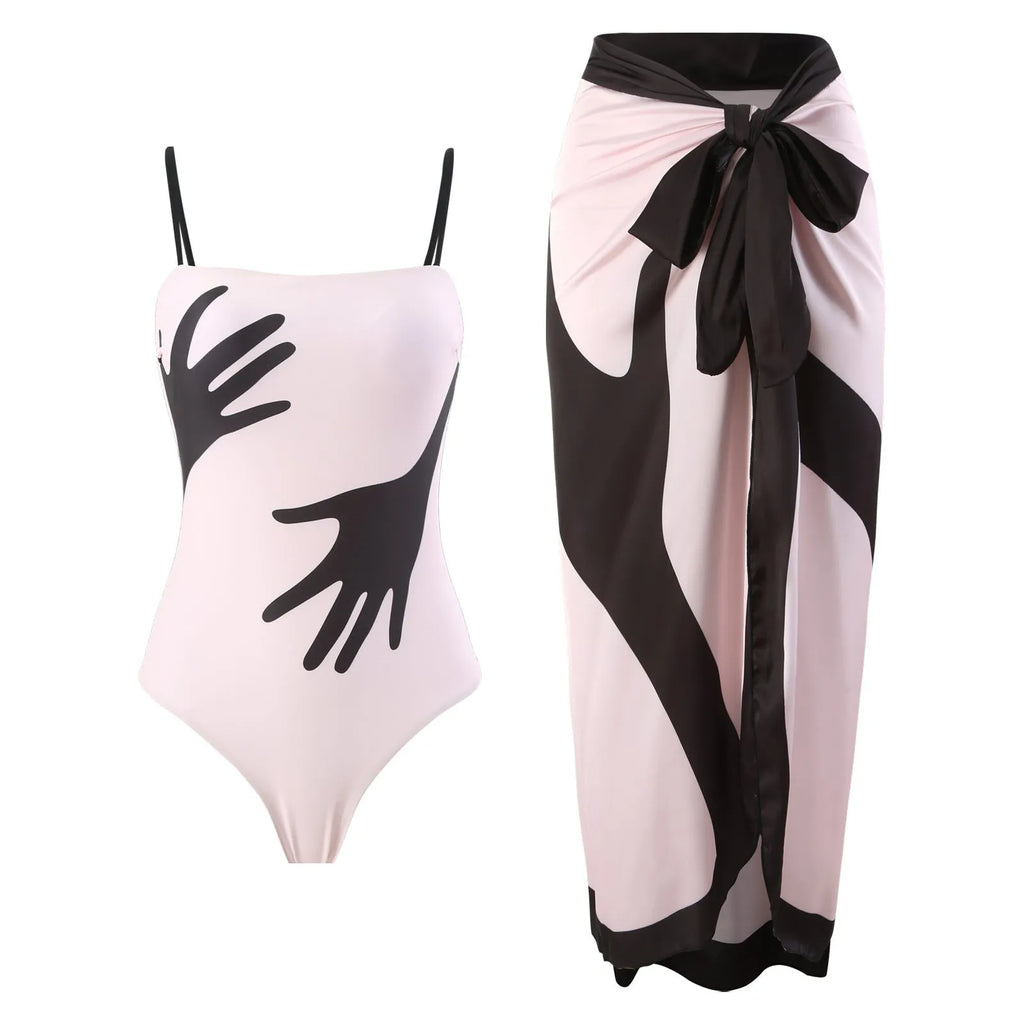 Women's patterned one-piece bikini with tulle skirt swimwear set in polyester fabric