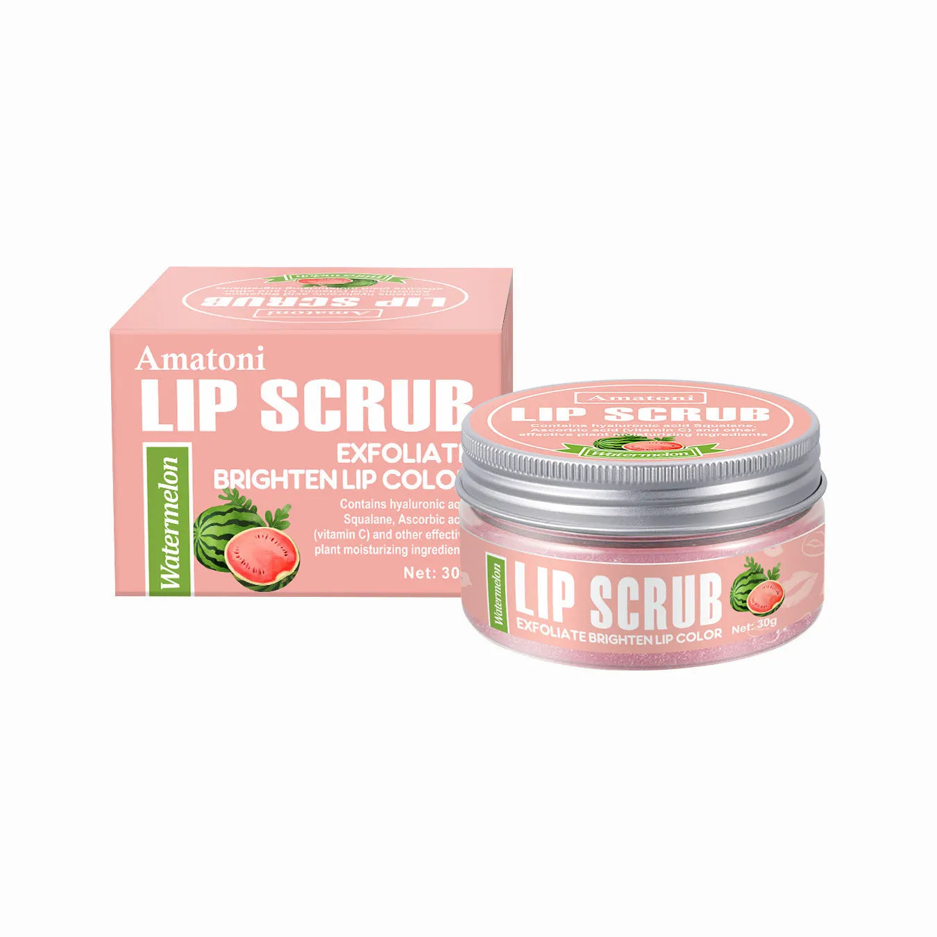 Amatoni fruit flavour lip scrub cream jar in choice of Coconut, Raspberry, Vanilla, or Watermelon, 30g.