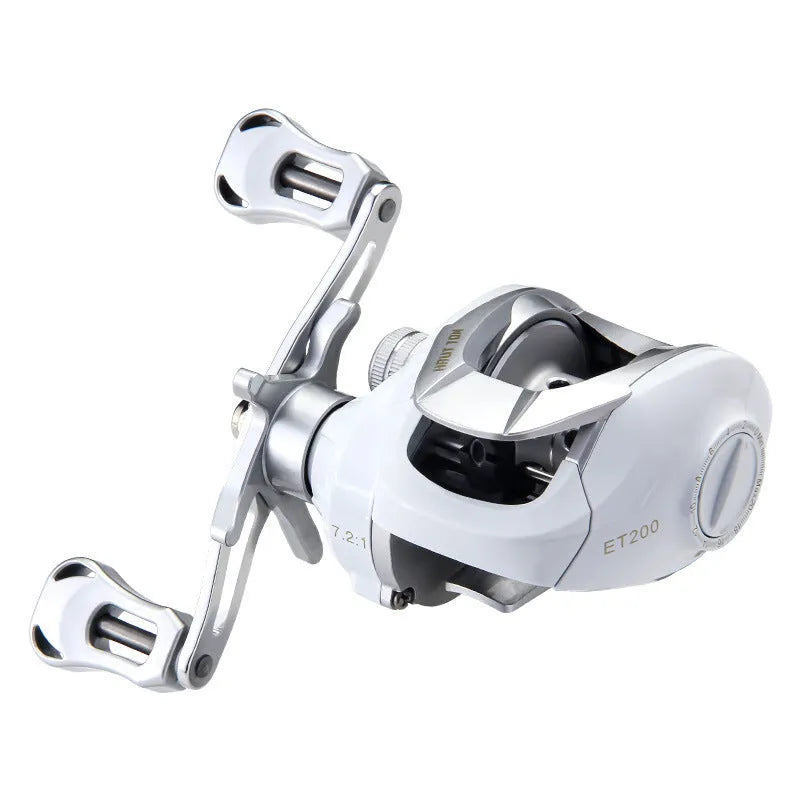 Small white baitcasting fishing reel with adjustable speed ratio and left/right hand retrieve options