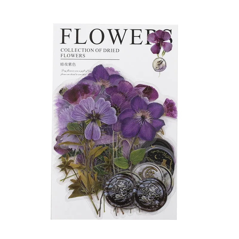 Set of 40 printed PET decorative stickers showing eight artistic styles including dried flowers and leaf specimens.