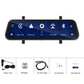 9.66 inch mirror-style car dash cam with HD screen showing video display and smartphone connectivity icons.