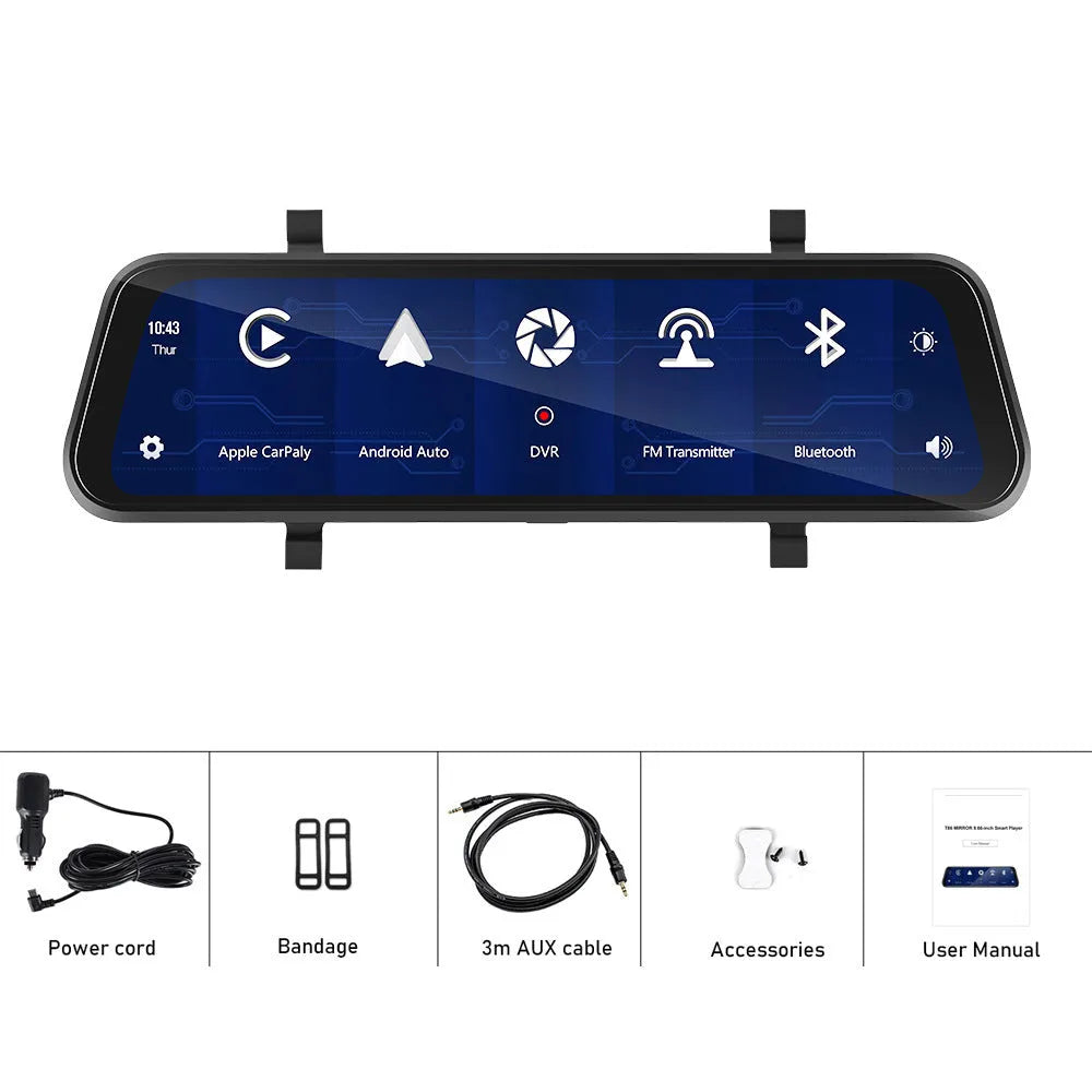 9.66 inch mirror-style car dash cam with HD screen showing video display and smartphone connectivity icons.