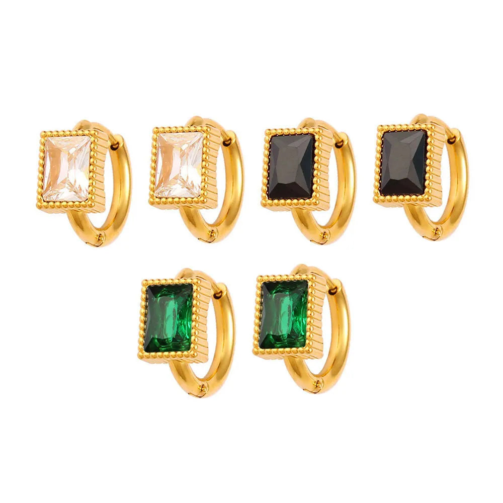 Square zircon geometric stainless steel earrings in white, black, and green colours.