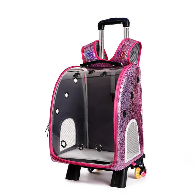 Transparent pet trolley diaper bag with folding shoulder design in blue colour
