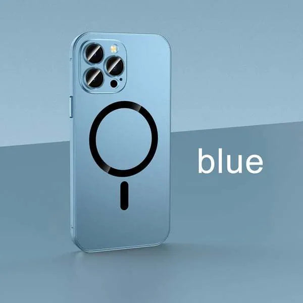 Magnetic iPhone case with aluminium alloy frame in dark purple, blue, silver, black, or gold colour.