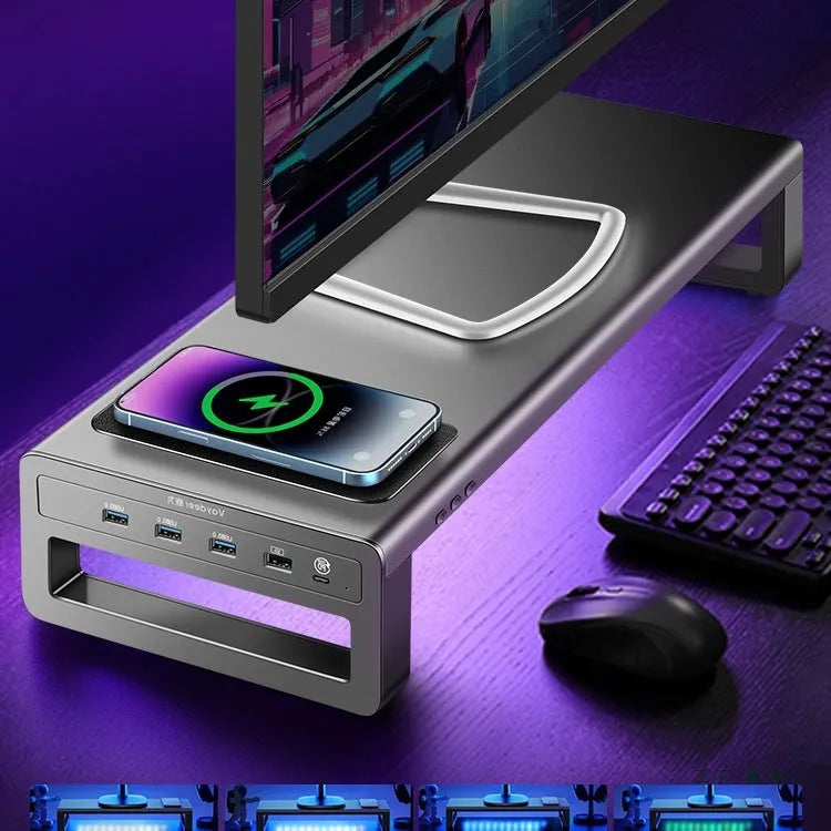 Desktop screen stand with drawer and fast charging ports for monitor riser