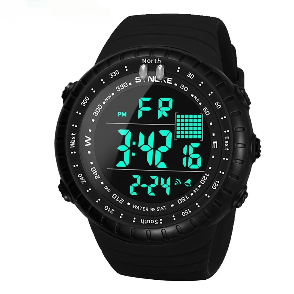 Black waterproof electronic outdoor watch for men with a large 54.74mm plastic case and PU strap.