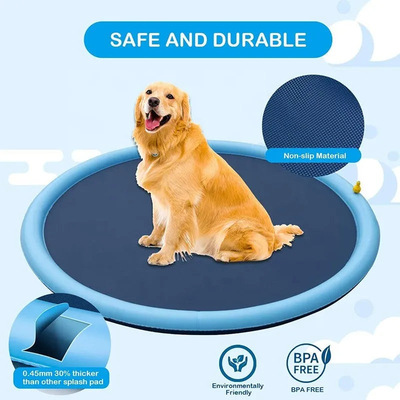 Inflatable blue dog splash pool mat with anti-slip texture, shown in a garden with a dog playing