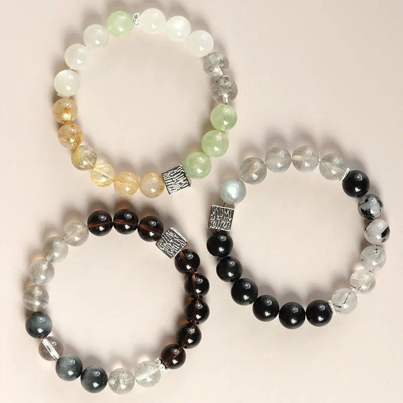 Chinese style geometric crystal couple bracelet with 10mm khaki beads