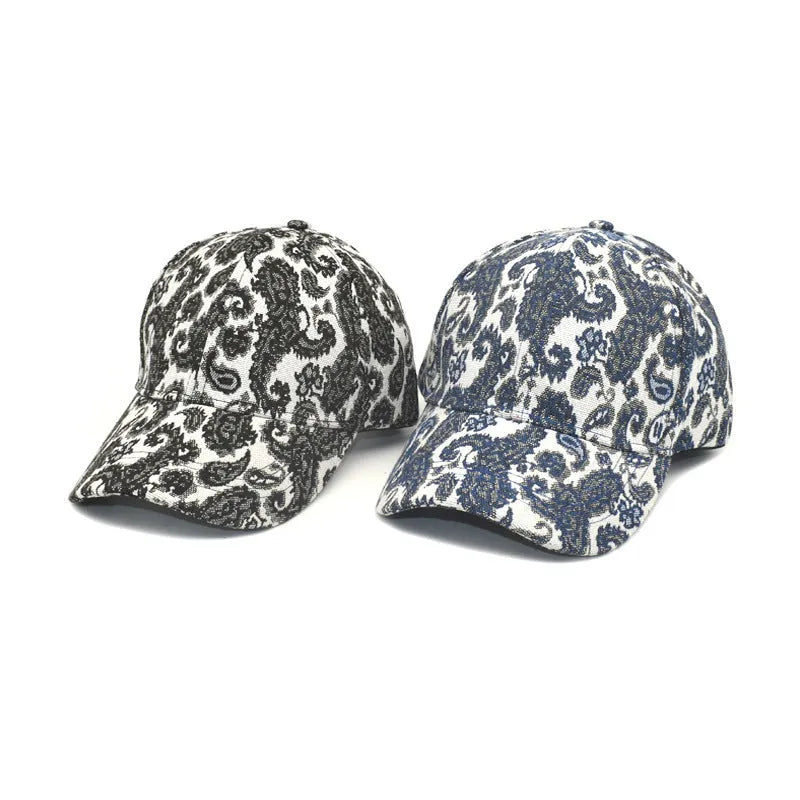 Polyester baseball cap with printed paisley pattern in blue colour showing dome crown design