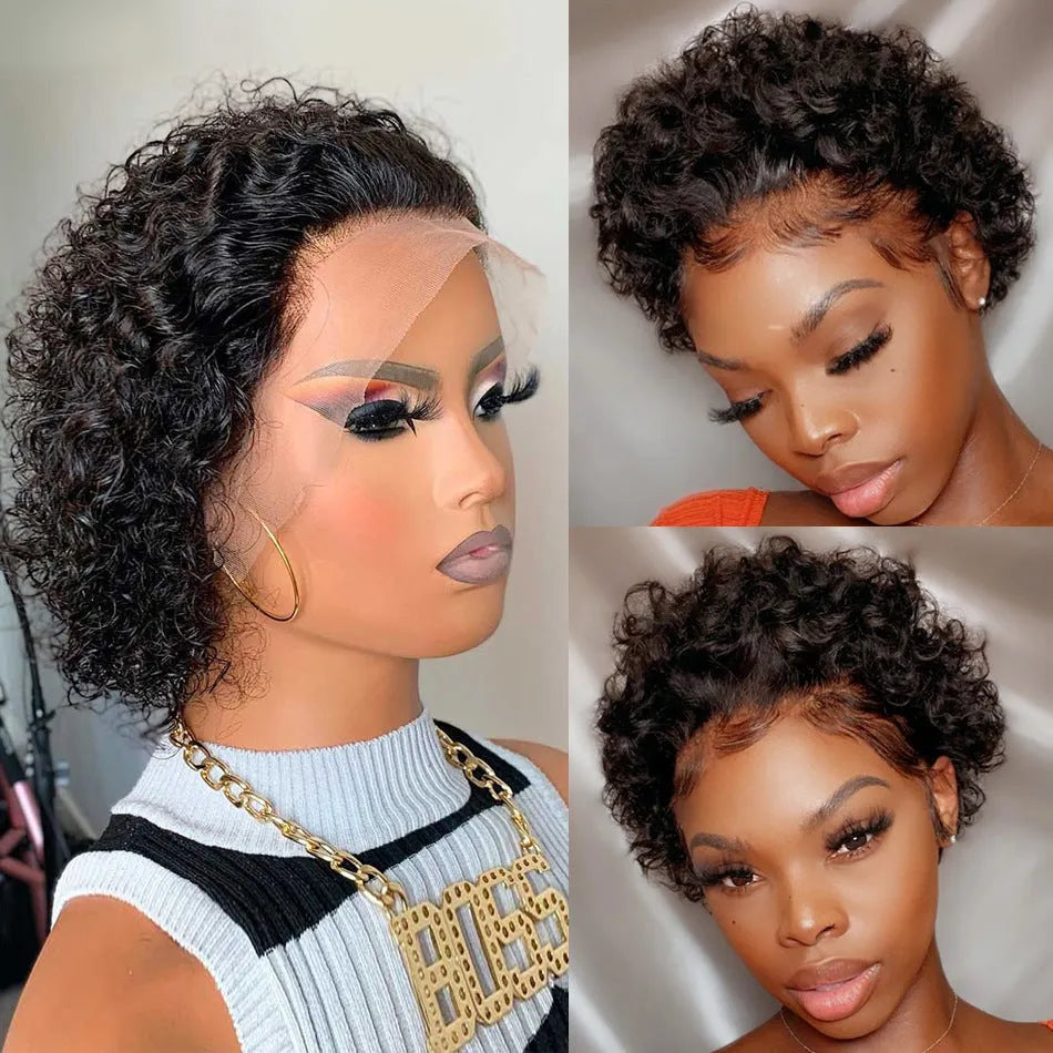 Black human hair pixie cut wig with a transparent 13x1 lace front, displayed on a wig stand.