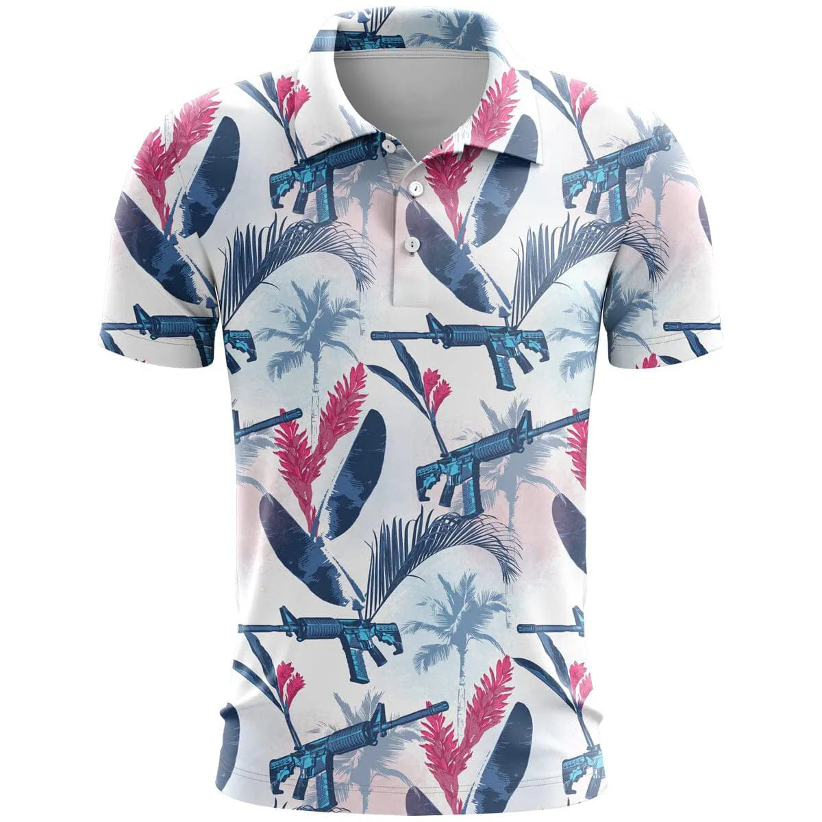 Man's loose-fit 3D printed short sleeve T-shirt in bird eye cloth polyester, showing colour and pattern detail.