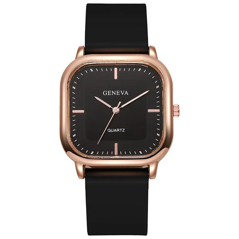 Women's square dial quartz watch with rose gold finish, 30mm alloy case, and green plastic strap