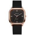 Women's square dial quartz watch with rose gold finish, 30mm alloy case, and green plastic strap