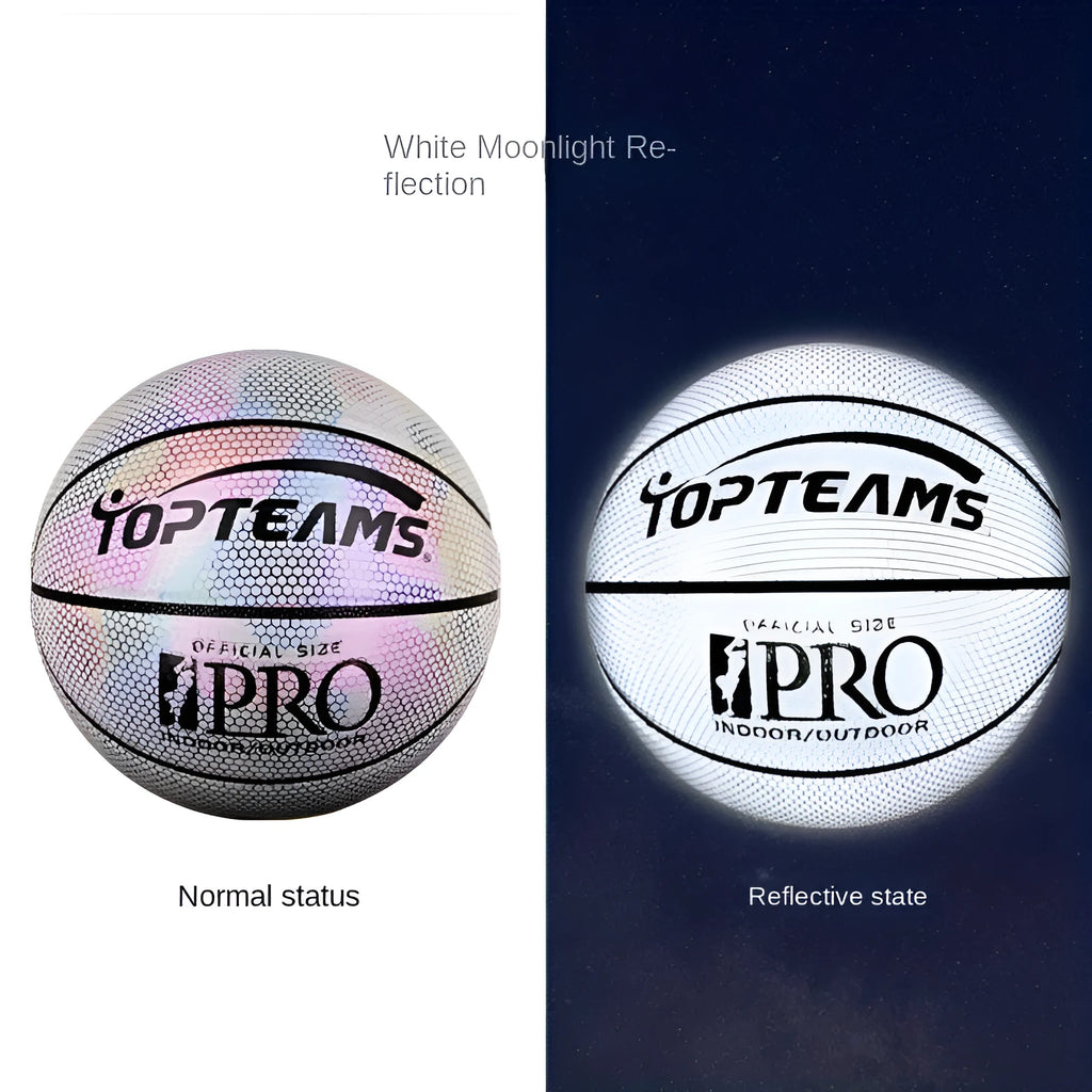 No. 7 size holographic luminous reflective basketball on a court, showing Chroma and White colour options.