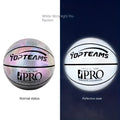 No. 7 size holographic luminous reflective basketball on a court, showing Chroma and White colour options.