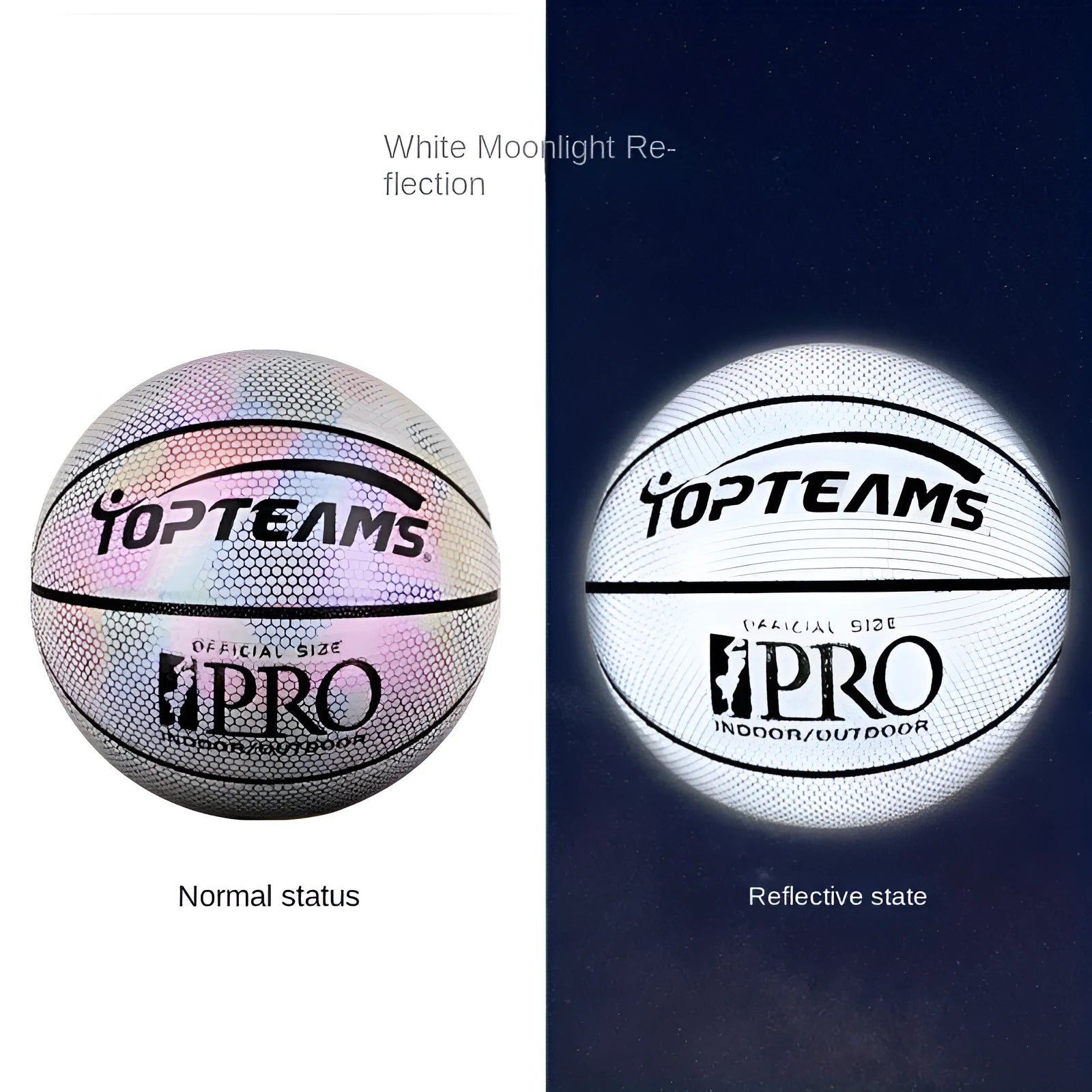 No. 7 size holographic luminous reflective basketball on a court, showing Chroma and White colour options.