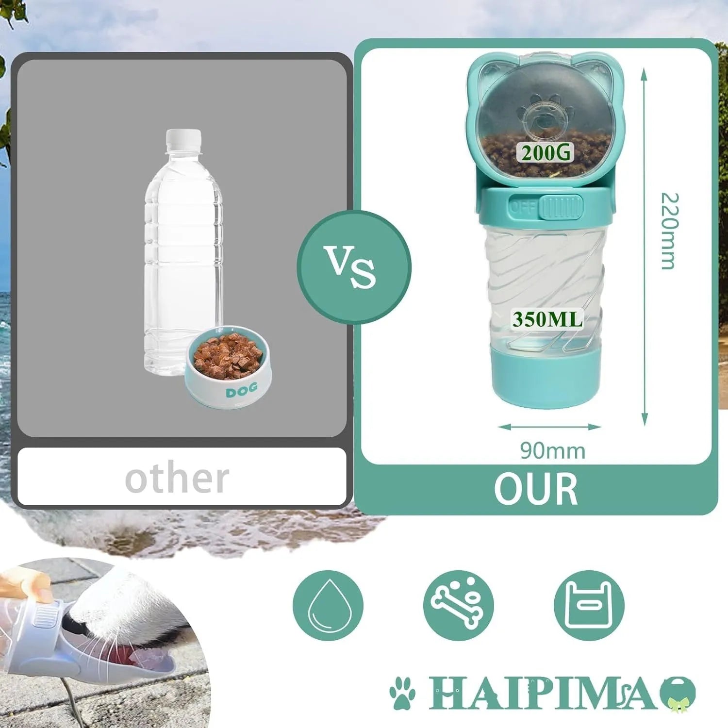 Green, pink, or white 3-in-1 portable pet water bottle with food container and garbage bag dispenser attached to a strap.