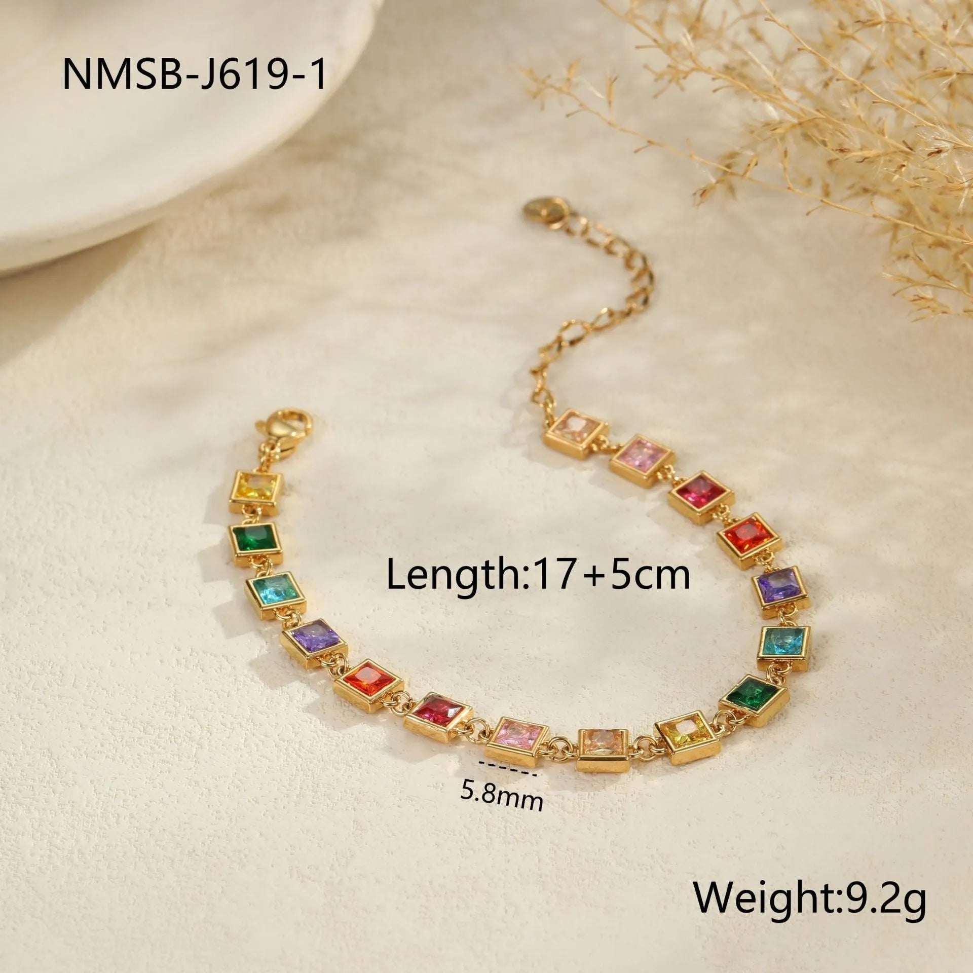 Women's stainless steel bracelet with 18K electroplated finish in gold or silver, showing heart, square, and circle shape options.