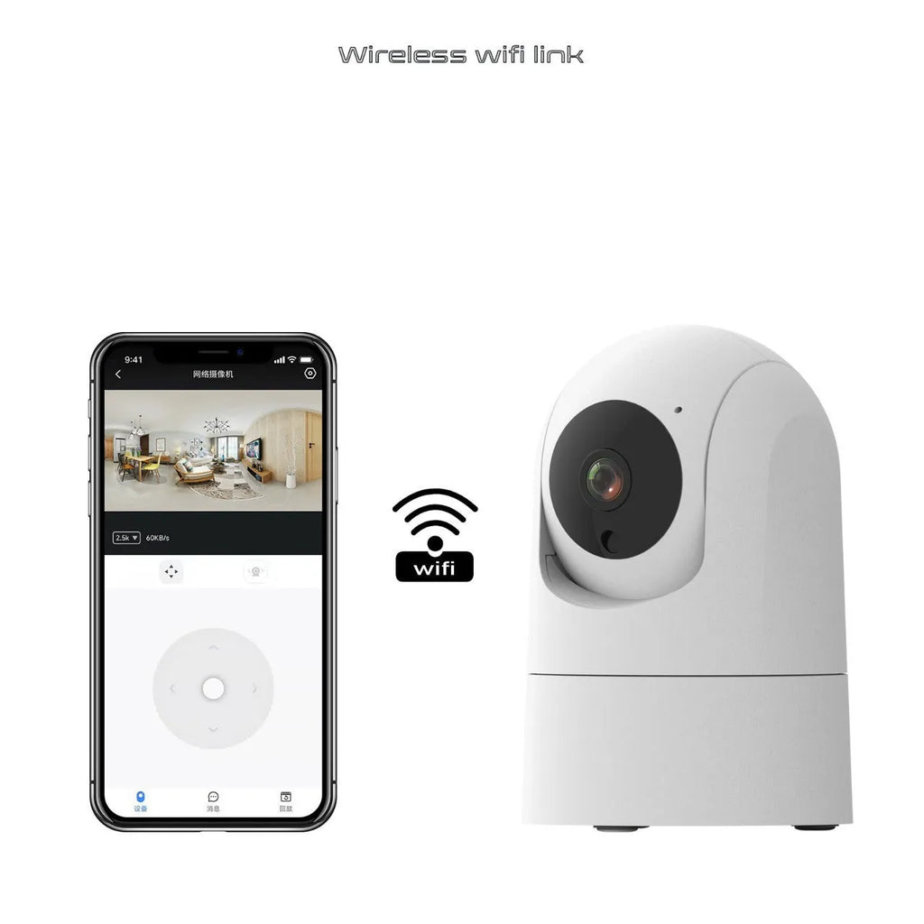 White indoor pan tilt security camera with lens on a compact square base, showing remote movement and two-way audio features.