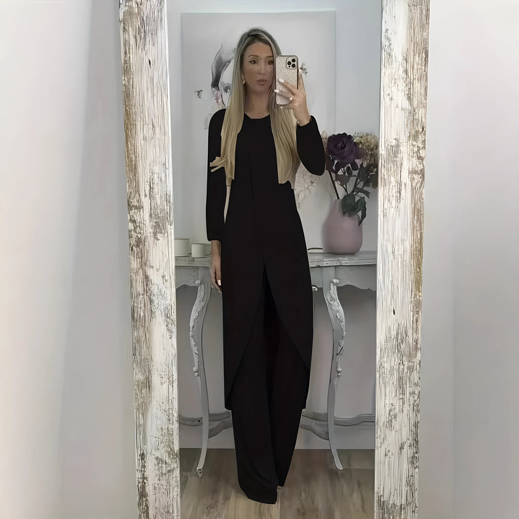 Women's casual two-piece lounge set showing long sleeve top and trousers in loose fit
